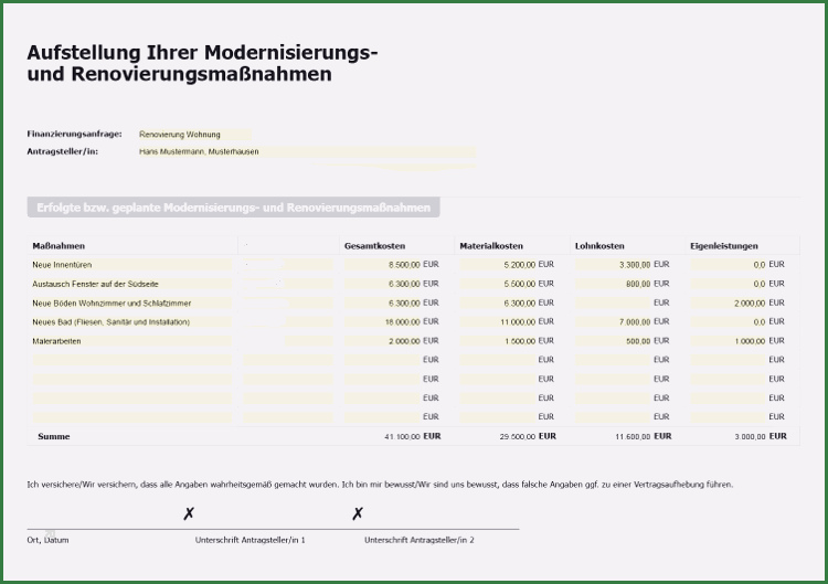 Alle Der Kostenaufstellung Renovierung Excel